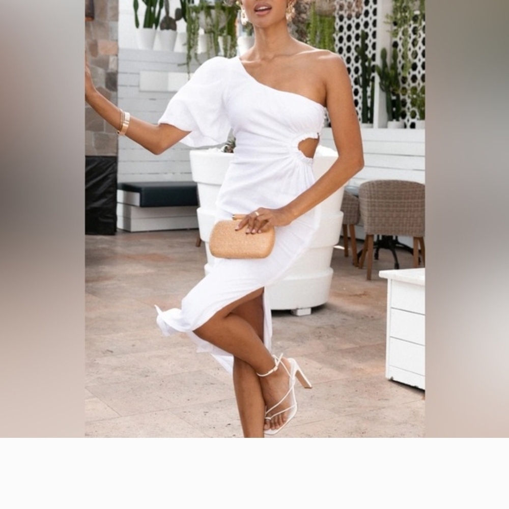 One-Shoulder White Cutout Midi Dress with Ruched Detail